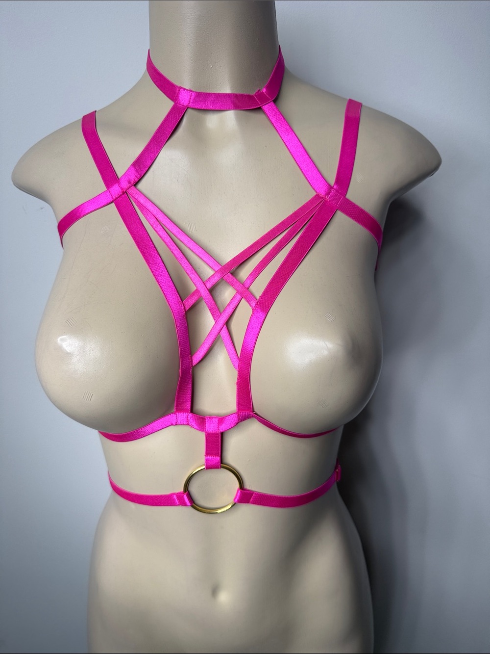 Hot Pink Strappy Harness Bralette with Gold Ring Accent